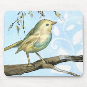 Small Yellow Bird Perched on a Branch Looking up Mouse Mat