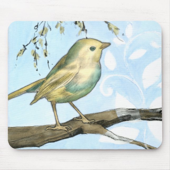 Small Yellow Bird Perched on a Branch Looking up Mouse Mat (Front)