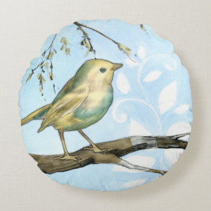 Small Yellow Bird Perched on a Branch Looking up Round Cushion