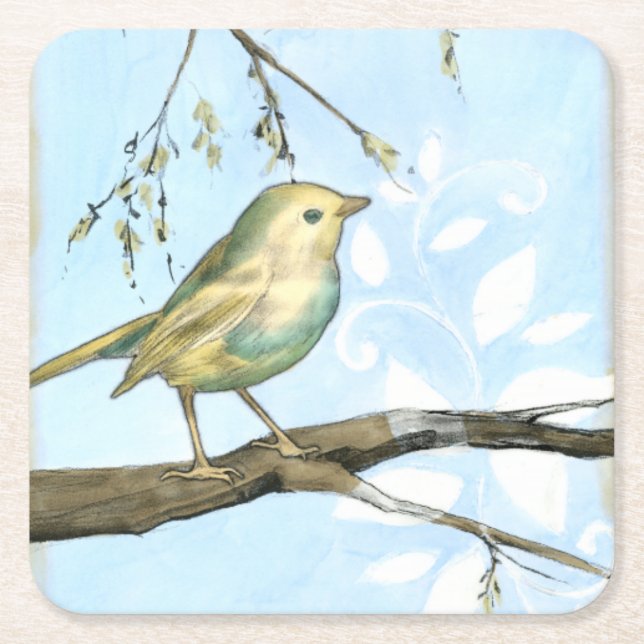 Small Yellow Bird Perched on a Branch Looking up Square Paper Coaster (Front)