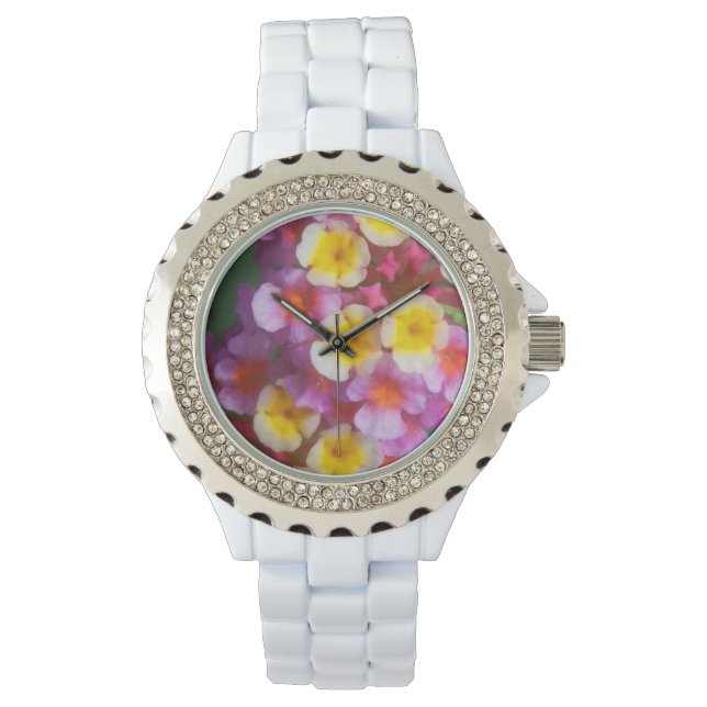Small Yellow Pink and Purple Tropical Flowers Watch (Front)