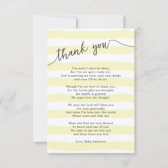 Small yellow stripes neutral baby thank you card (Front)