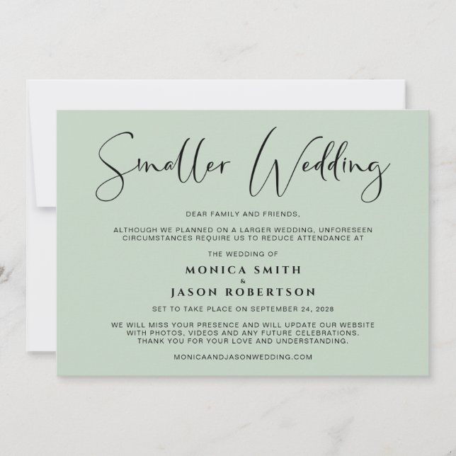 Smaller Downsized Wedding Elegant Chic Sage Green Announcement (Front)