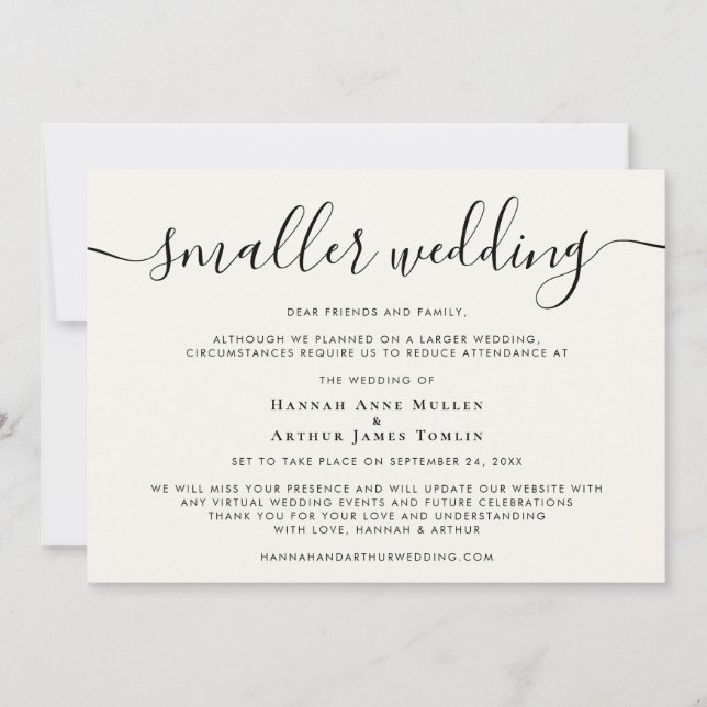 Smaller Downsized Wedding Script Cream Announcement (Front)