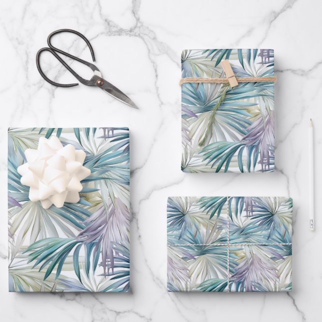 Smaller Print Pastel Palm Leaf Patterned Wrapping Paper Sheet (Front)