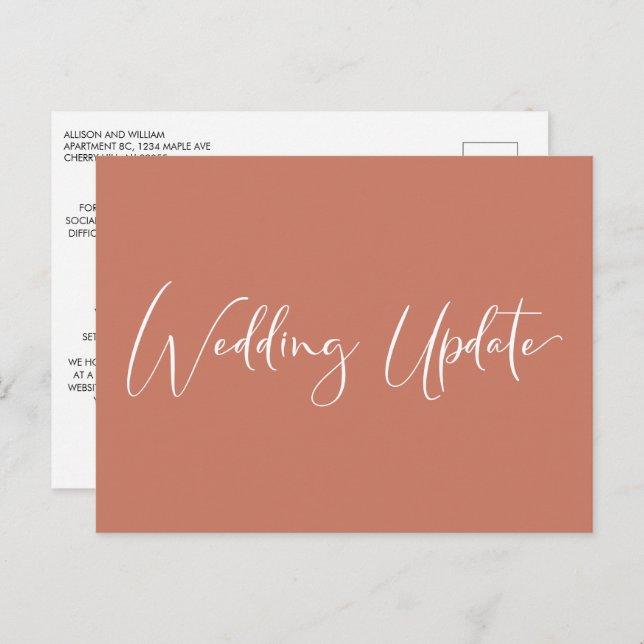 Smaller Reduced Wedding Update Elegant Orange Red Announcement Postcard (Front/Back)