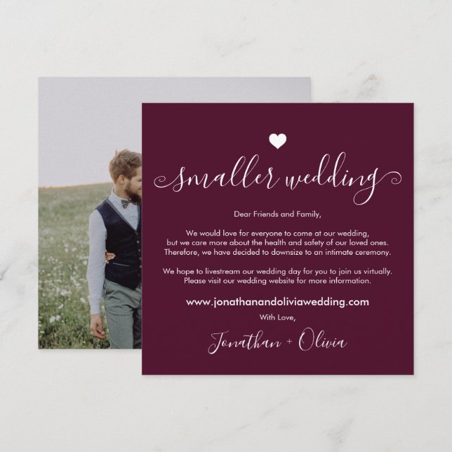 Smaller Wedding Burgundy Photo Downsized Wedding Announcement (Front/Back)