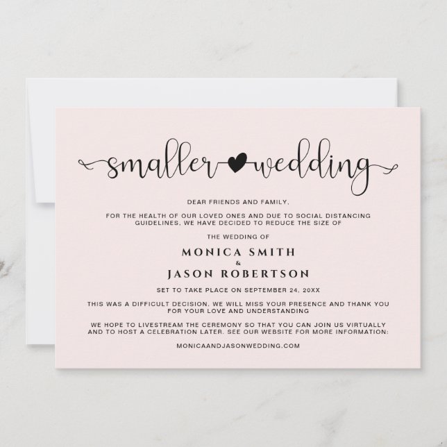 Smaller Wedding Change of Plans Heart Pink Announcement (Front)