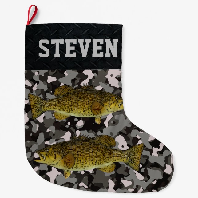 Smallmouth Bass Fishing Camo Name Men's  Large Christmas Stocking (Front)
