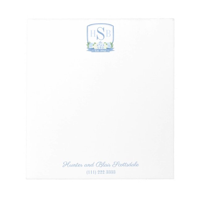 Smart 3 Letter Monogram Hydrangea Ginger Jar Crest Notepad (Front)