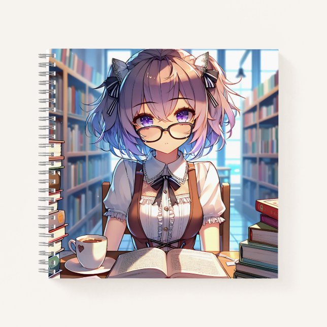 Smart Anime Girl in Library Reading Books (Front)