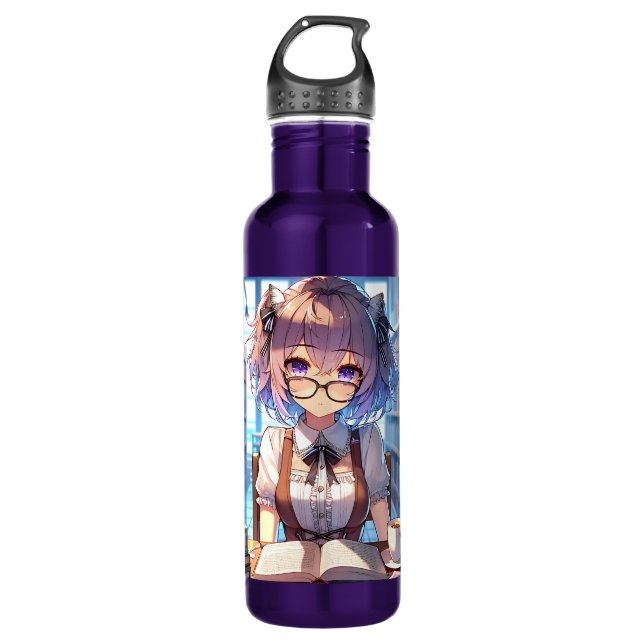 Smart Anime Girl in Library Reading Books 710 Ml Water Bottle (Front)
