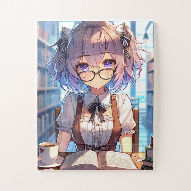 Smart Anime Girl in Library Reading Books Jigsaw Puzzle (Vertical)