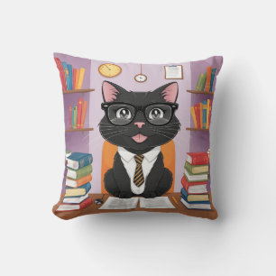 Smart Black  black cat and books with Glasses – Fu Cushion