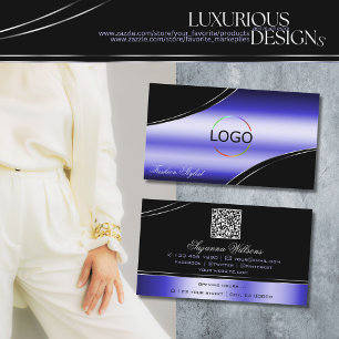 Smart Black Blue Curved Decor Lines Logo QR Code Business Card