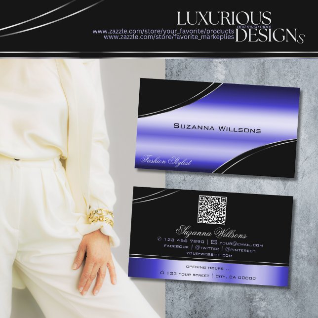 Smart Black Blue Curved Decor Lines with QR Code Business Card (Creator Uploaded)