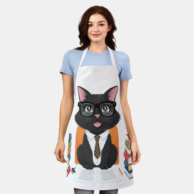 Smart Black Cat with Glasses – Funny Cartoon Apron (Worn)