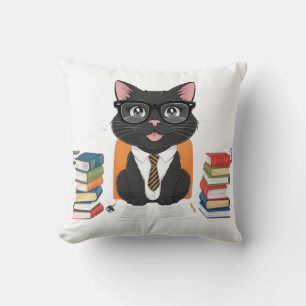 Smart Black Cat with Glasses – Funny Cartoon Cushion