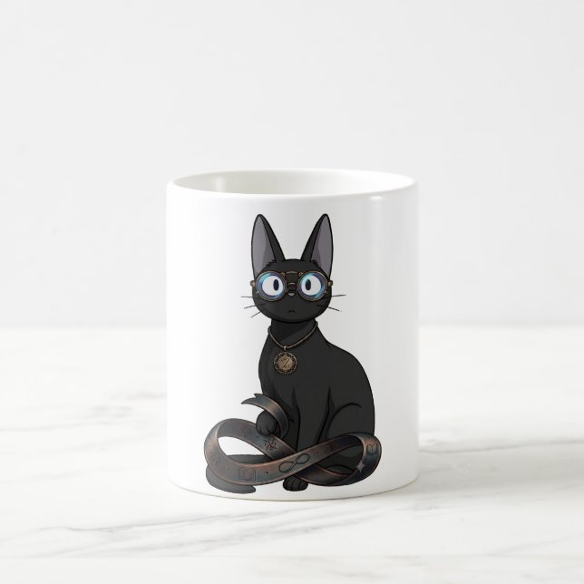 Smart Black Cat with Glasses & Infinity Belt Illus Coffee Mug (Center)