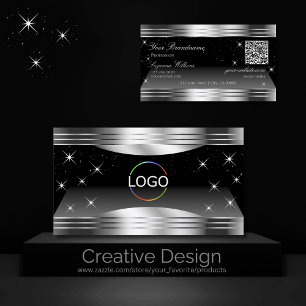 Smart Black Silver Shimmer Borders Logo QR Code Business Card