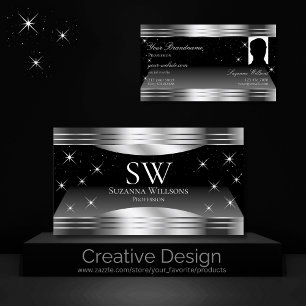 Smart Black Silver Shimmer Borders Monogram Photo Business Card