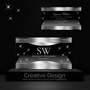 Smart Black Silver Shimmer Borders with Monogram Business Card