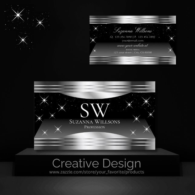 Smart Black Silver Shimmer Borders with Monogram Business Card (Creator Uploaded)
