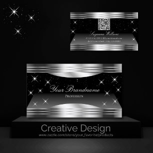 Smart Black Silver Shimmer Borders with QR Code Business Card