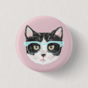 Smart Black & White Cat Wearing Glasses 3 Cm Round Badge