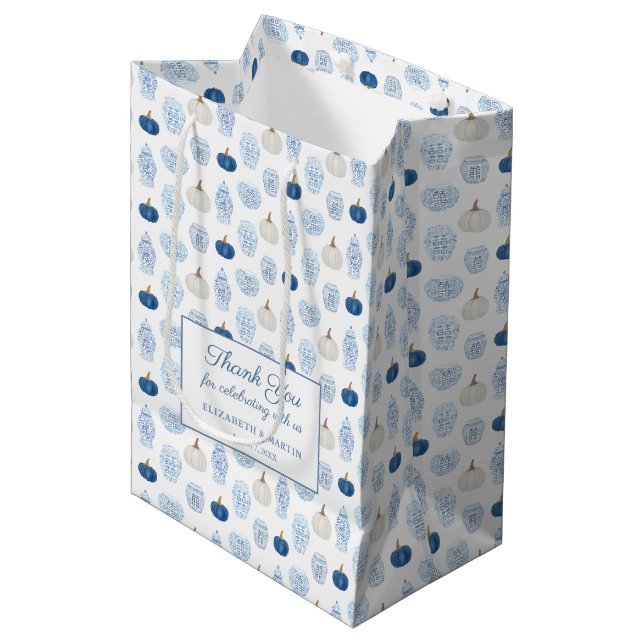Smart Blue And White Chinoiserie Pumpkin Thank You Medium Gift Bag (Front Angled)
