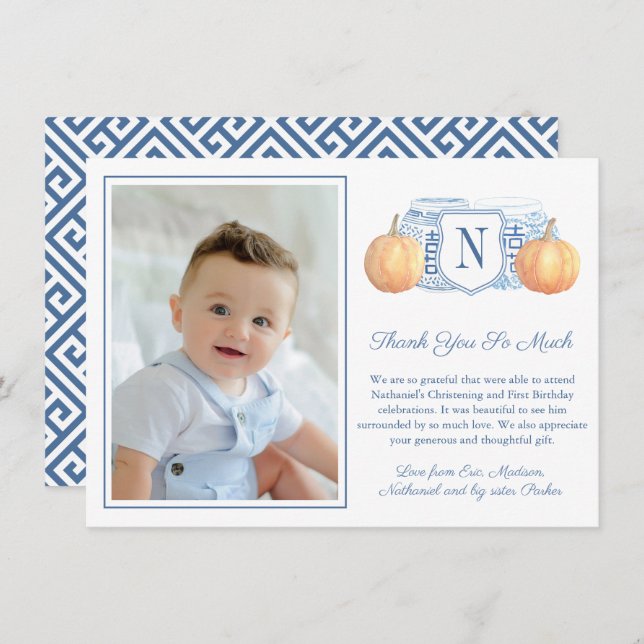 Smart Blue And White Pumpkin Child Birthday Photo Thank You Card (Front/Back)