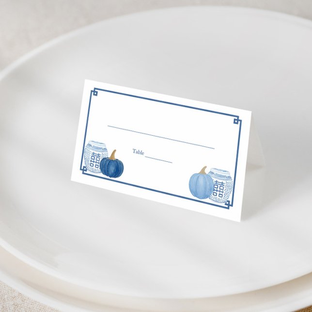 Smart Blue And White Pumpkins Wedding Reception Place Card (Preppy watercolor blue pumpkins with blue and white ginger jars place card design)
