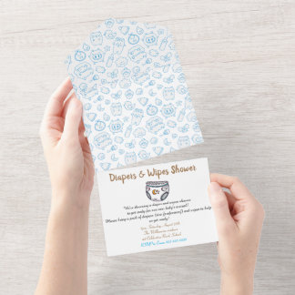 Smart Blue Check Diaper Boy Baby Shower Invitation
