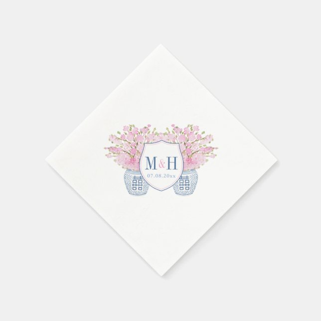 Smart Blue Pink Monogram Chinoiserie Chic Wedding Napkin (Corner)