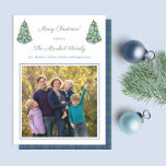 Smart Blue White Green Chinoiserie Family Picture Holiday Card<br><div class="desc">** Photo credit: Photography © Storytree Studios, Stanford, CA ** Preppy Happy Holidays photo card design featuring twin miniature Christmas Trees, covered with blue and white chinoiserie ornaments, in blue planters. The watercolor elements were originally handpainted by me in watercolors onto 100% cotton paper before being scanned and arranged /...</div>