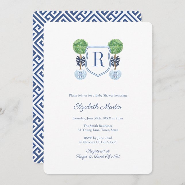 Smart Boxwood Monogram Crest Boy Baby Shower Party Invitation (Front/Back)