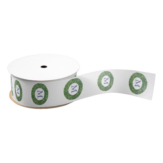 Smart Boxwood Wreath Monogram Blue Green And White Grosgrain Ribbon (Spool)
