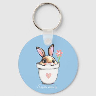 Smart Bunny with Flower & Heart on Light Blue Key Ring