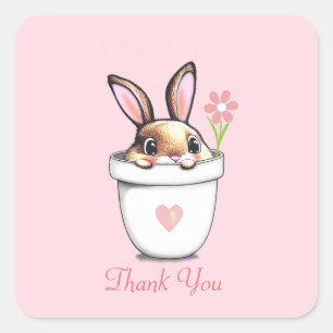 Smart Bunny with Flower & Heart on Light Pink Square Sticker