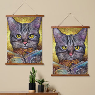 Smart Cat Reading a Book Hanging Tapestry