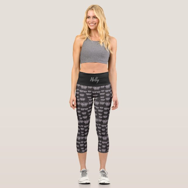 Smart Classy Grey Crowns On Black Mongrammed Capri Leggings (Front)