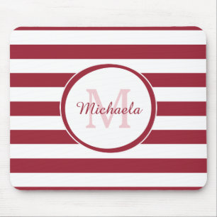 Smart Crimson Red Awning Stripes Name and Monogram Mouse Mat
