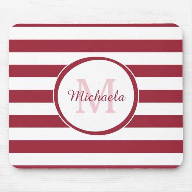 Smart Crimson Red Awning Stripes Name and Monogram Mouse Mat (Front)