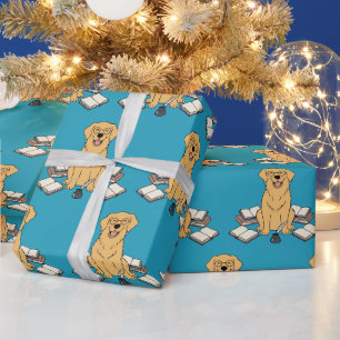 Smart Golden Retriever Book Lover Blue Design Wrapping Paper