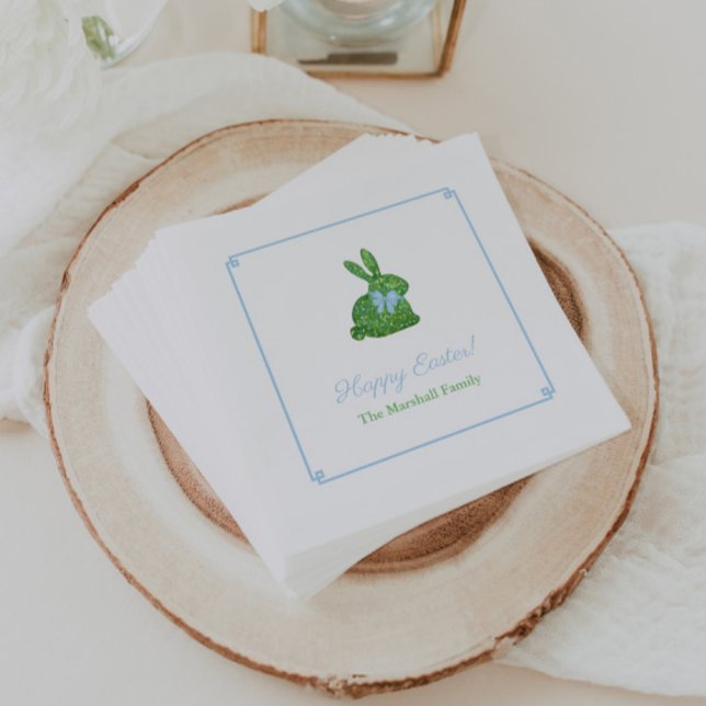 Smart Green And Blue Easter Rabbit Brunch Party Napkin (Preppy boxwood topiary bunny with blue bow napkins for Easter or boy baby shower brunch party)