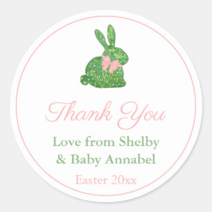 Smart Green And Pink Bunny Baby Shower Thank You Classic Round Sticker