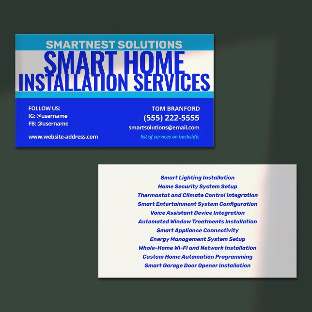 Smart Home Installation Services Business Card (smart home installation business card and bold blue design)