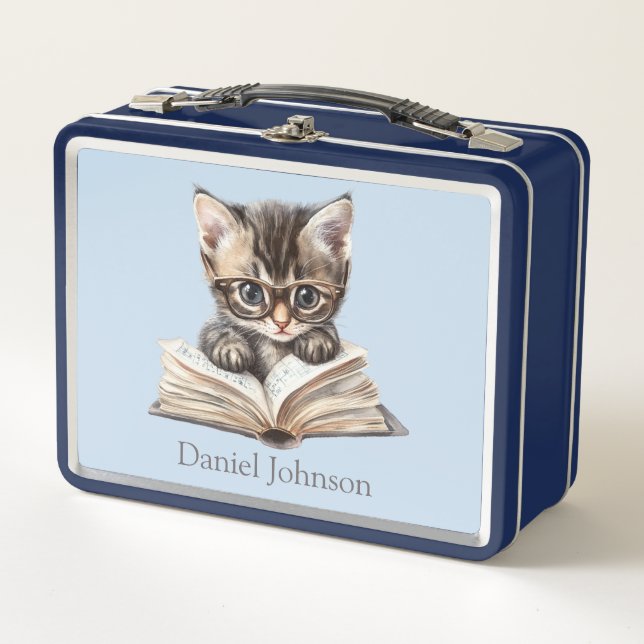 Smart Kitten with Glasses Personalised Metal Lunch Box (Front)