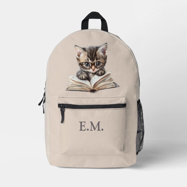 Smart Kitten with Glasses Personalised Printed Backpack (Front)