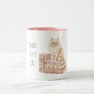 Smart Kitty Cat Glasses Pink Books Two-Tone Coffee Mug